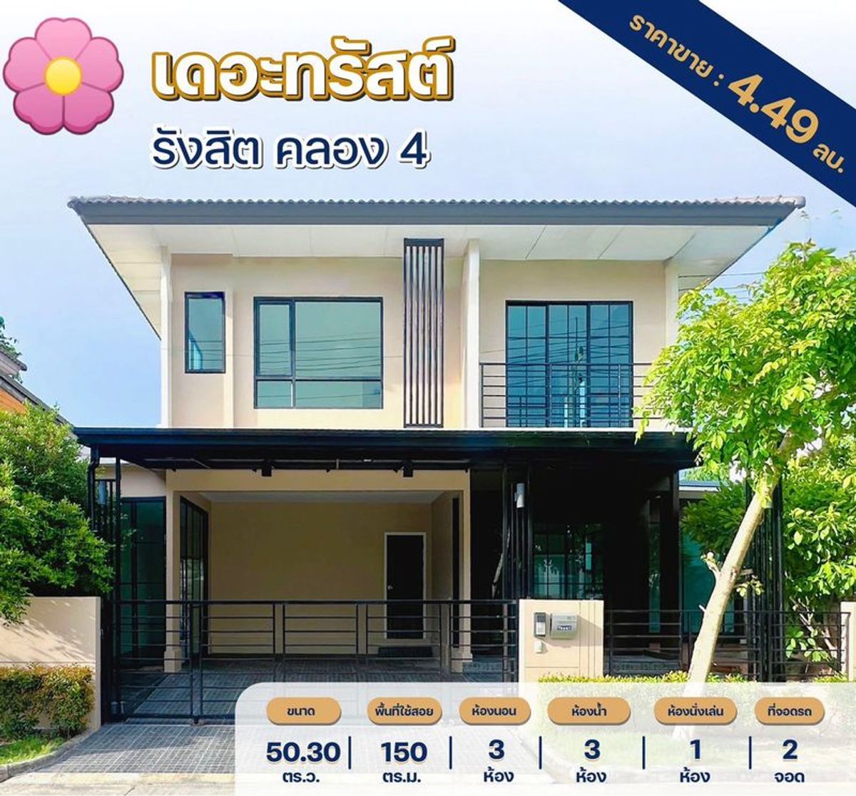 ขายบ้านปทุมธานี รังสิต ธรรมศาสตร์ : ขายบ้านเดี่ยว 2 ชั้น โครงการ The Trust  รังสิตคลอง 4 เนื้อที่ 50.3 ตารางวา 3 ห้องนอน ตำบลลาดสวาย อำเภอลำลูกกา จังหวัดปทุมธานี