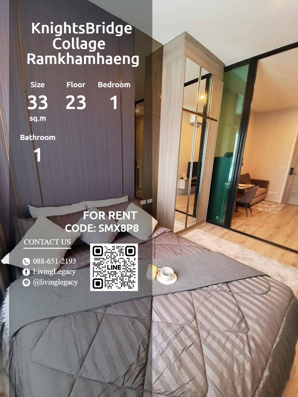 ให้เช่าคอนโดรามคำแหง หัวหมาก : SMX8P8 ให้เช่าคอนโด KnightsBridge Collage Ramkhamhaeng 33 ตร.ม. ชั้น 23 line id : @livinglegacy