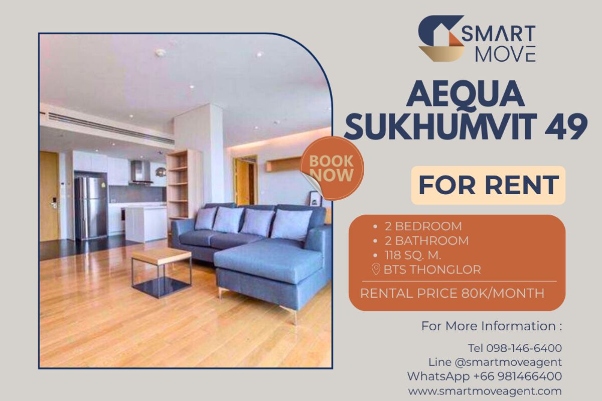For RentCondoSukhumvit, Asoke, Thonglor : 🔥 For Rent !! big size, high floor 29++ !!🔥 Code C20230500163..........Aequa Sukhumvit 49, 2 bedroom, 2 bathroom, furnished, ready to move in 📣📣