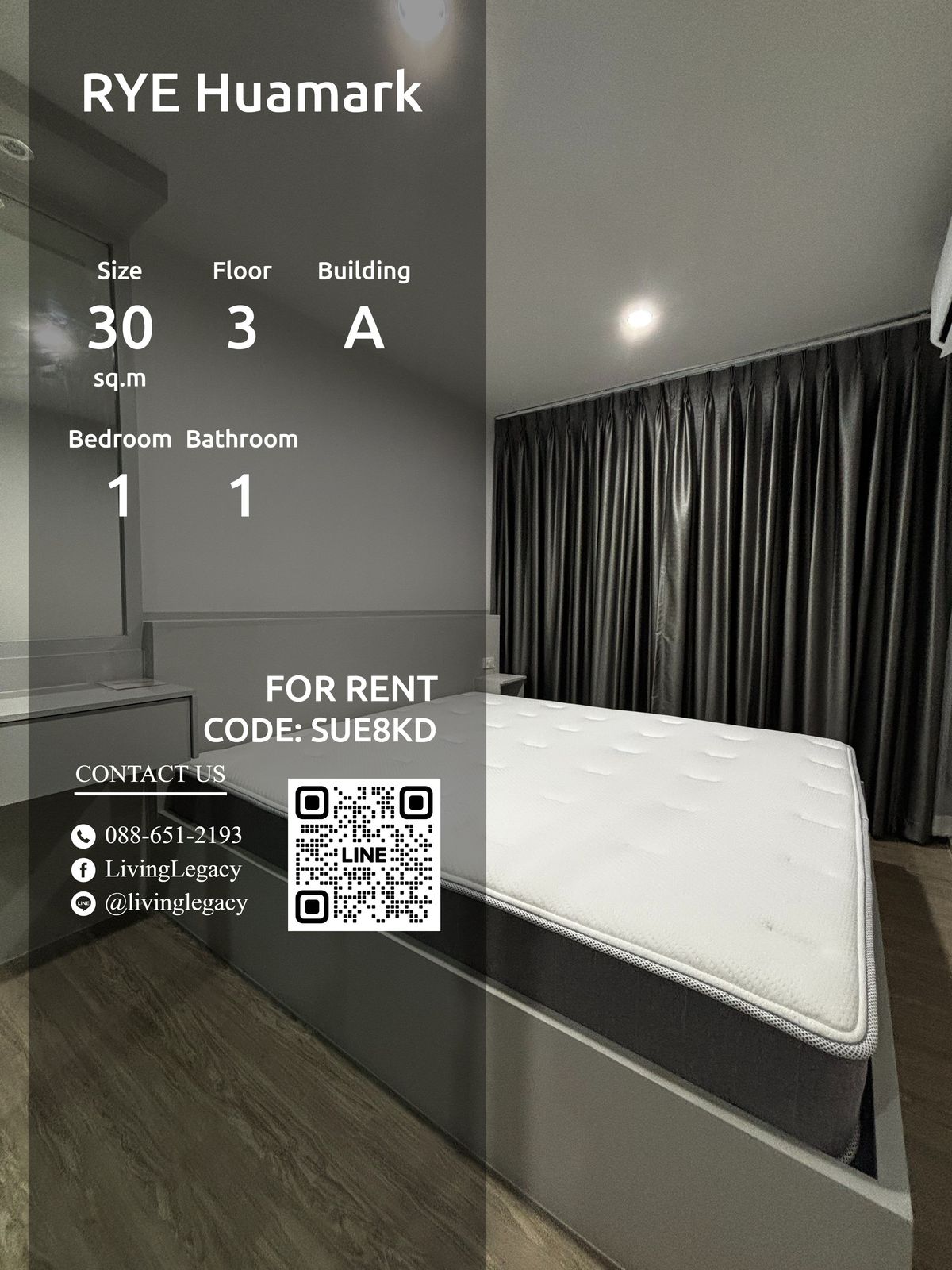 For RentCondoRamkhamhaeng, Hua Mak : SUE8KD Condo for rent RYE Huamark 30 sq m, 3rd floor, Building A line id : @livinglegacy