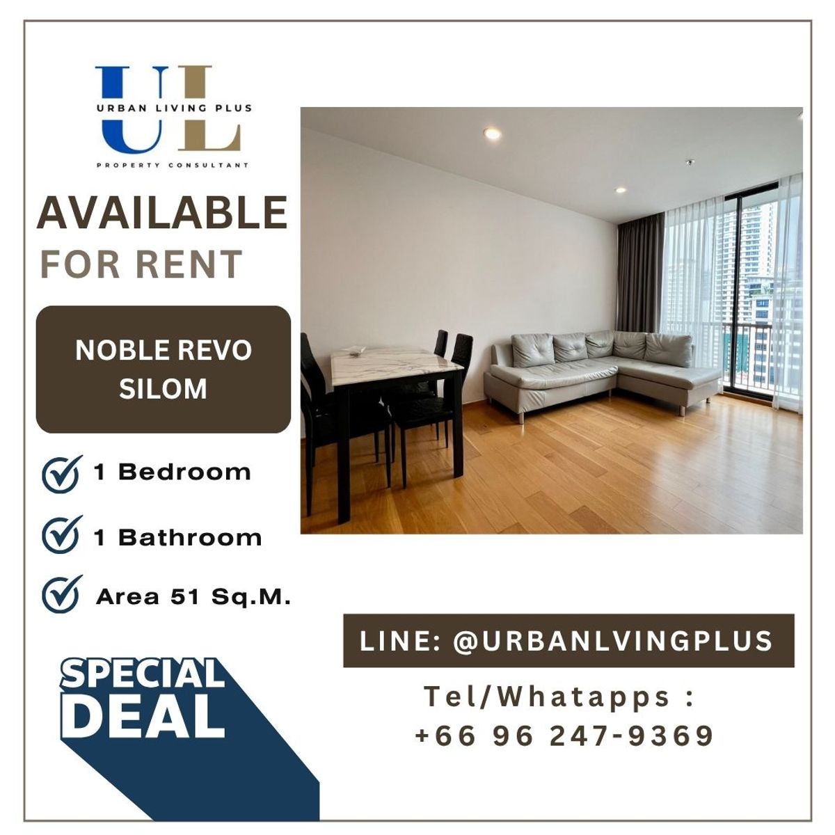 ให้เช่าคอนโดสาทร นราธิวาส : ( UL2410031 ) Tel/Line 096-2473969, ให้เช่า โนเบิล รีโว สีลม 1 ห้องนอน 1 ห้องน้ำ ขนาด 51 ตร.ม. ทิศตะวันออก ห้องสวย พร้อมเข้าอยู่