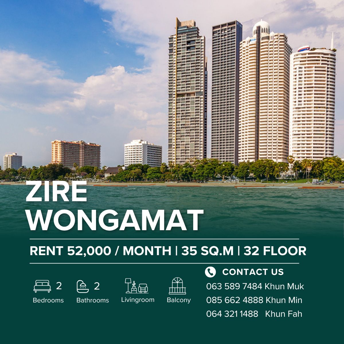 For RentCondoPattaya, Bangsaen, Chonburi : 🔥 ZIRE WONGAMAT – Luxury Sea View Living | 2BR| 100 Sq.m | 32 Floor | 52,000 THB/Month 🔥