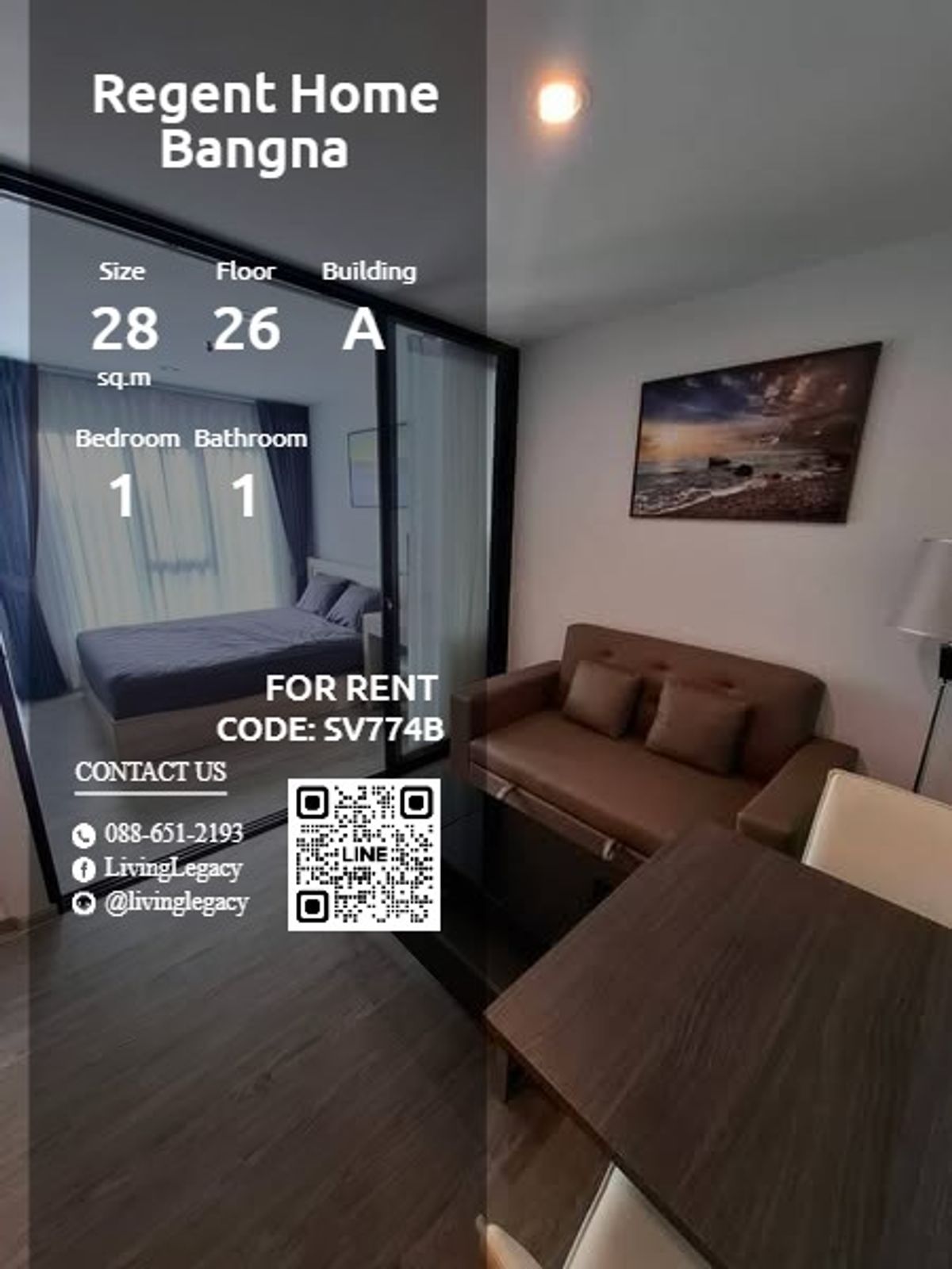 ให้เช่าคอนโดบางนา แบริ่ง ลาซาล : SV774B ให้เช่าคอนโด Regent Home Bangna 28 ตร.ม. ชั้น 26 ตึก A line id : @livinglegacy