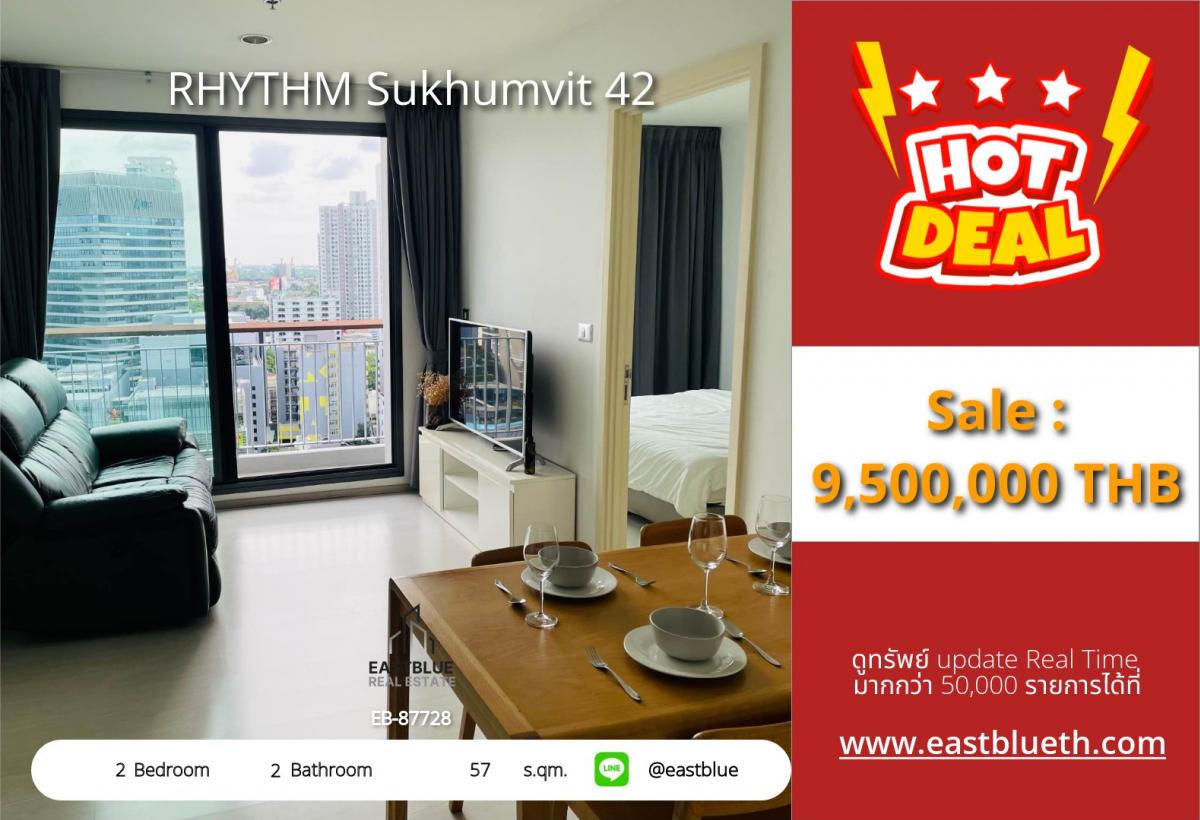 For SaleCondoSukhumvit, Asoke, Thonglor : Awesome 2-bedroom condo in the heart of Ekkamai, ready to move in!RHYTHM Sukhumvit 42, priced at 9.5 million, close to Ekkamai BTS.