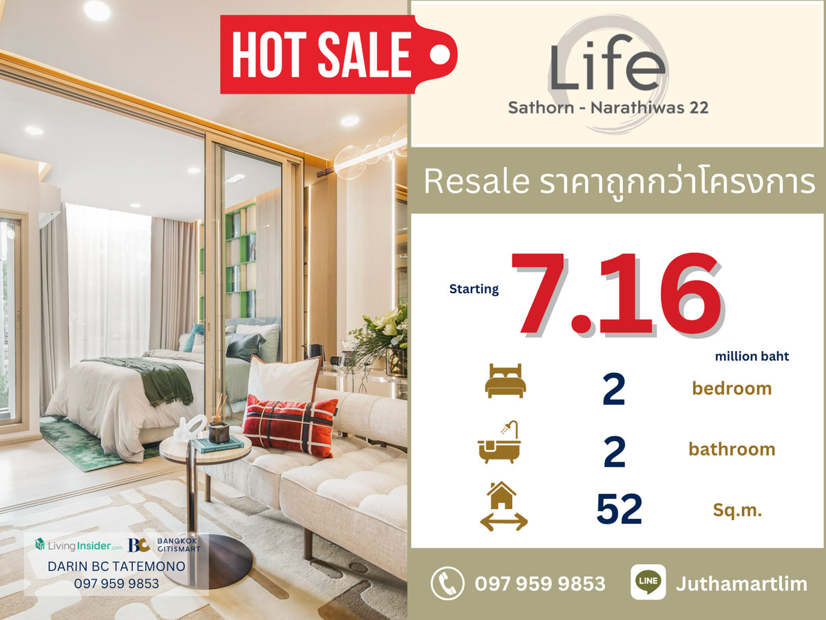 For SaleCondoSathorn, Narathiwat : 🔥Buy directly to the project🔥 Life Sathorn Narathiwas 22 style, 2 bedrooms, 2 bathrooms, size 52 square meters, 4th floor, Building A, price 7,270,000 baht, contact 097 959 9853