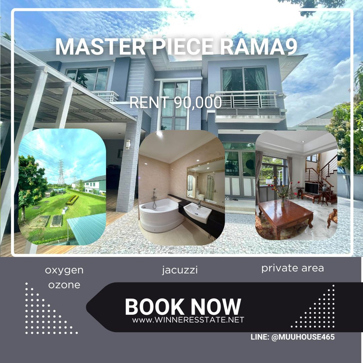 For RentHouseLadkrabang, Suwannaphum Airport : 🏡 House for rent, Masterpiece Village, Rama 9, 3 bedrooms, 4 bathrooms, quiet, shady atmosphere, lake view ✨ Fully furnished, ready to move in immediately.