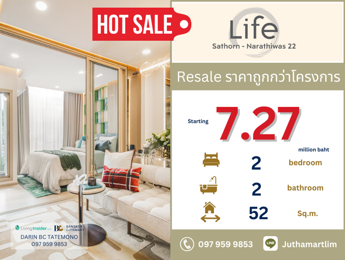 For SaleCondoSathorn, Narathiwat : 🔥Buy directly to the project🔥 Life Sathorn Narathiwas 22 style, 2 bedrooms, 2 bathrooms, size 52 square meters, 4th floor, Building A, price 7,270,000 baht, contact 097 959 9853