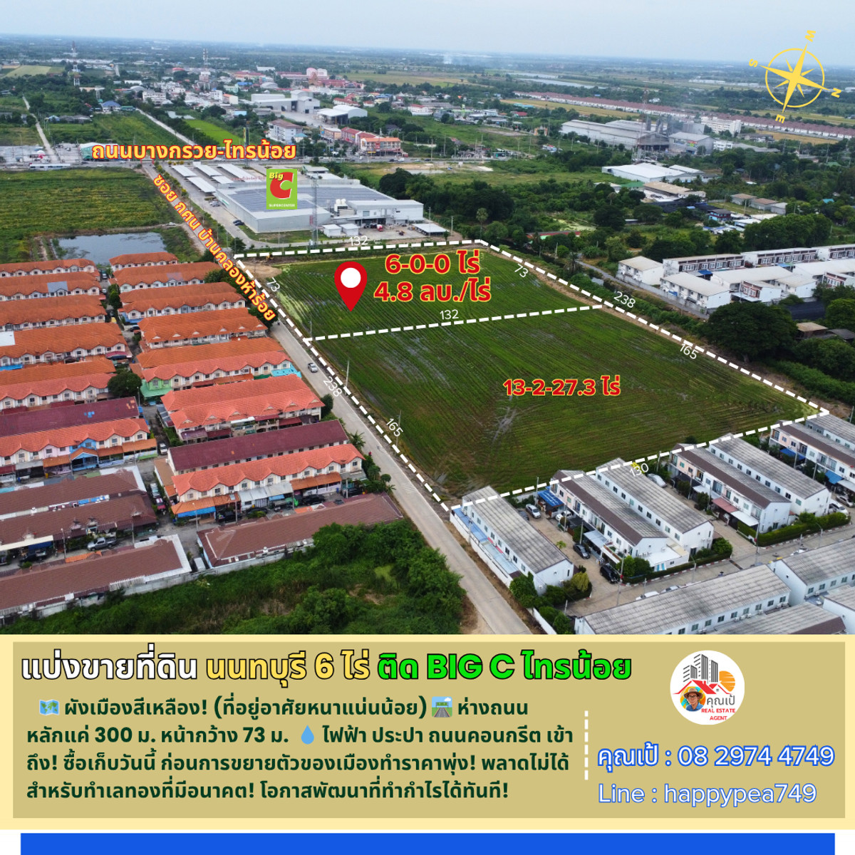 ขายที่ดินนนทบุรี บางใหญ่ บางบัวทอง : 🔥 ด่วน! ที่ดินทำเลทอง แบ่งขายเริ่มต้น 6 ไร่ ใจกลางไทรน้อย นนทบุรี 