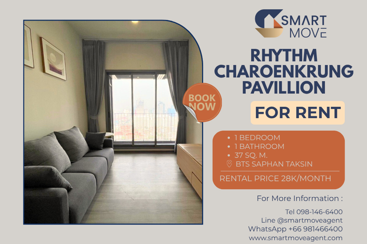 For RentCondoSathorn, Narathiwat : 🔥 For Rent !! high floor 26++, river view!! 🔥 Code C20221203480..........Rhythm Charoenkrung Pavillion, 1 bedroom, 1 bathroom, furnished, ready to move in📣📣
