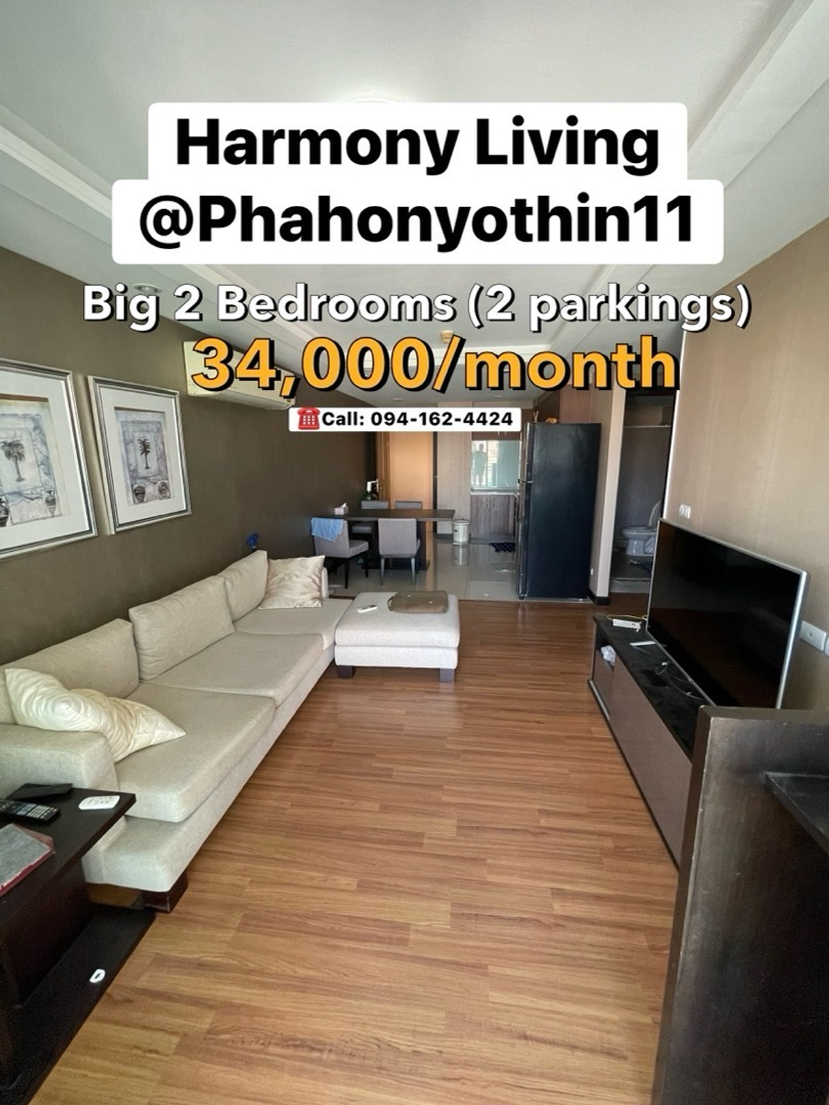 ให้เช่าคอนโดอารีย์ อนุสาวรีย์ : Harmony Living Pahonyothin 11,, BIG 2 Bedrooms 86sq.m. (2parkings) *RARE* 🔥34,000/month🔥 ☎️Call/Line: 094-162-4424