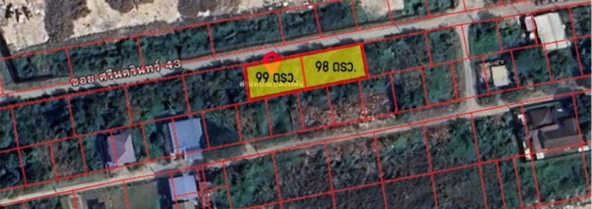 ขายที่ดินพัฒนาการ ศรีนครินทร์ : ขายที่ดินทำเลดี 2 แปลง99+98 ตรว ถนนศรีนครินทร์ 43 ใกล้สถานที่รถไฟฟ้าสายสีเหลือง สถานีศรีนครินทร์ 38 
