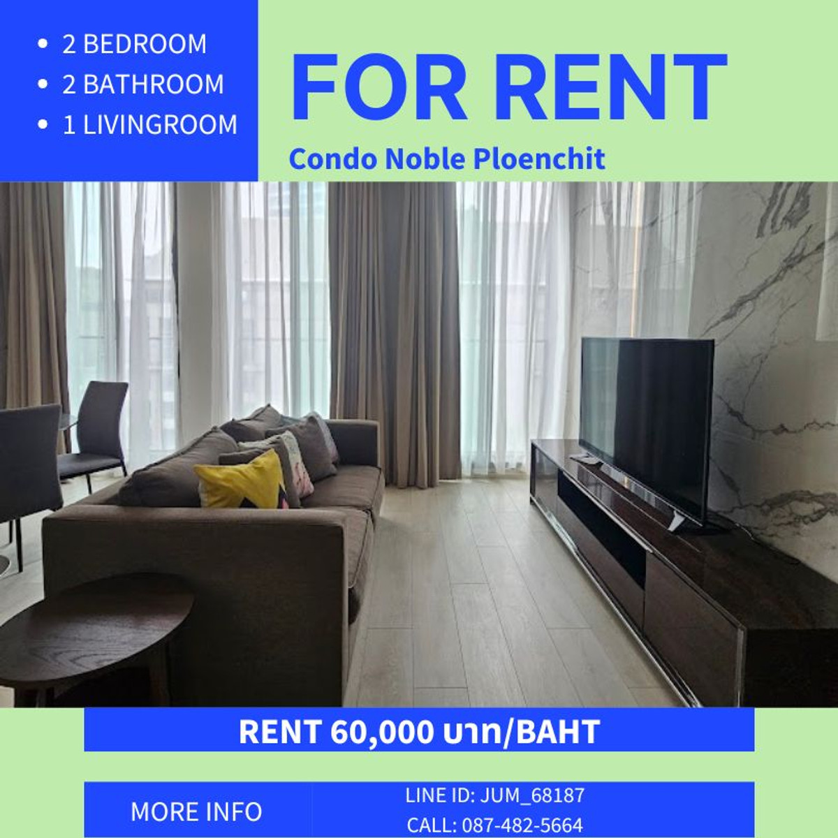 ให้เช่าคอนโดวิทยุ ชิดลม หลังสวน : ให้เช่า🔥 Noble Ploenchit 2 ห้องนอน 90ตรม. 60,000 บาท/เดือน