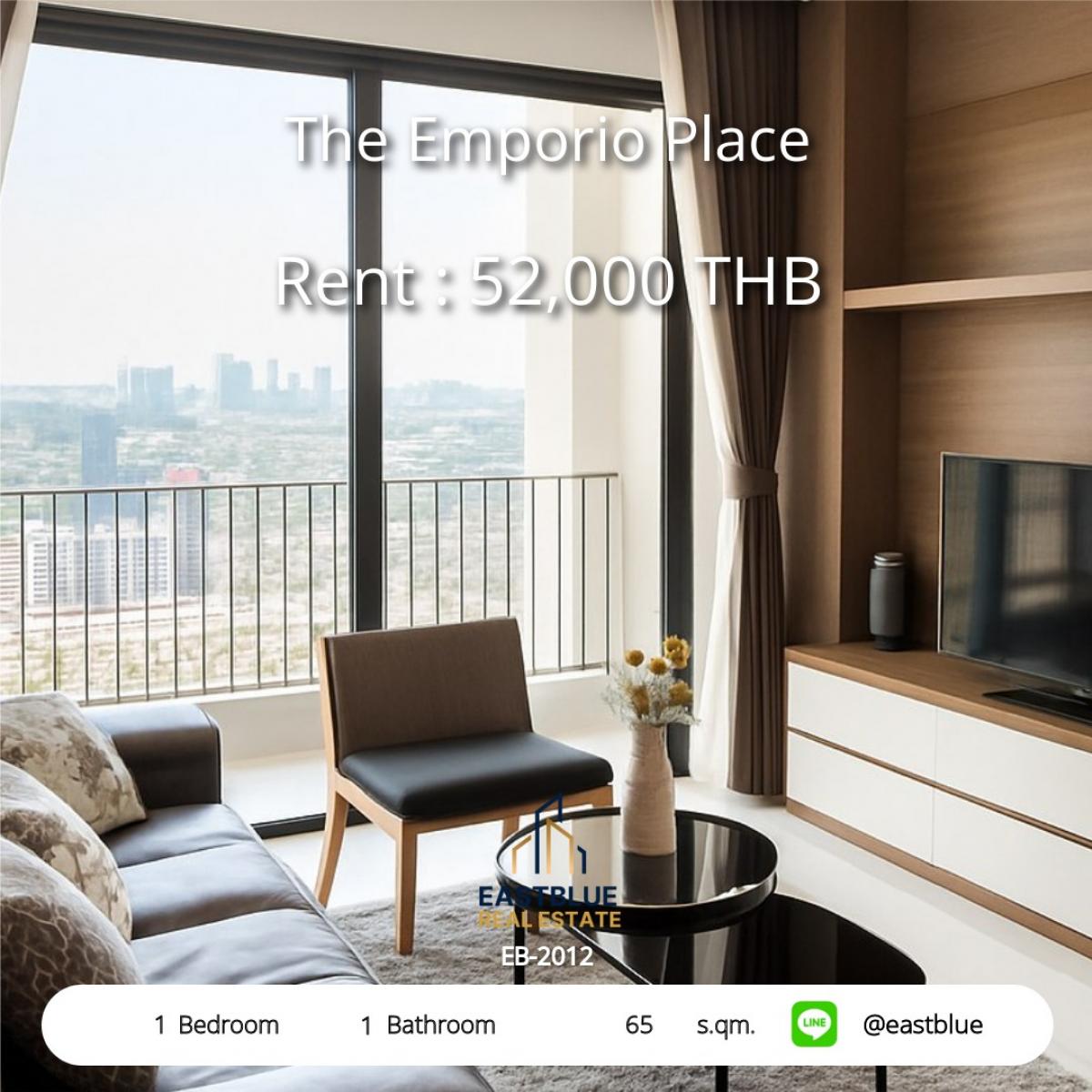 For RentCondoSukhumvit, Asoke, Thonglor : Luxurious condo 65 sq.m. in the heart of Phrom Phong, close to BTS, convenient transportation!The Emporio Place 1 bedroom 52,000 baht/month with complete facilities!