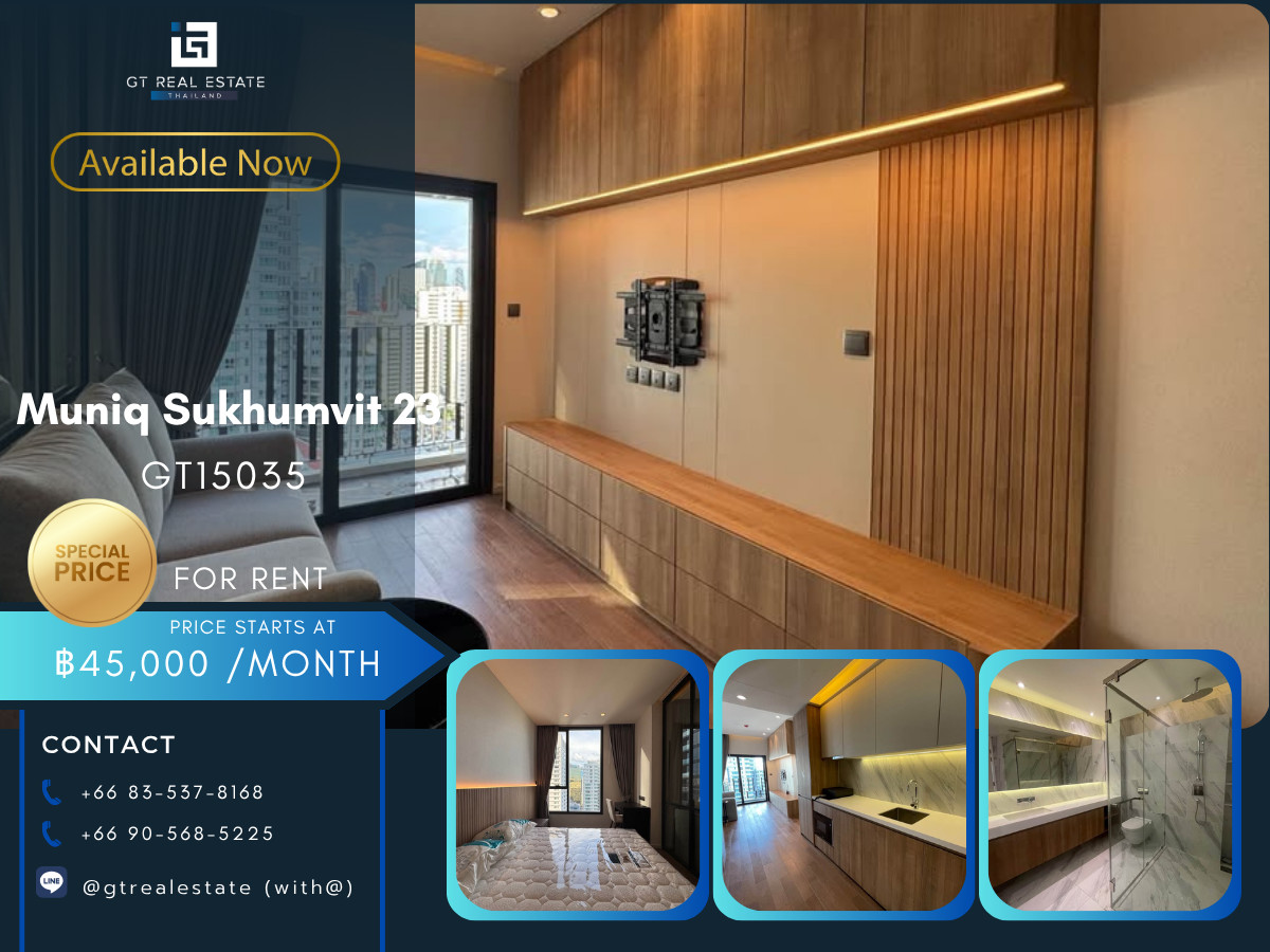 For RentCondoSukhumvit, Asoke, Thonglor : Condo Muniq Sukhumvit 23, convenient travel, near BTS, there is a shuttle, beautiful room, fully furnished, ready to move in.