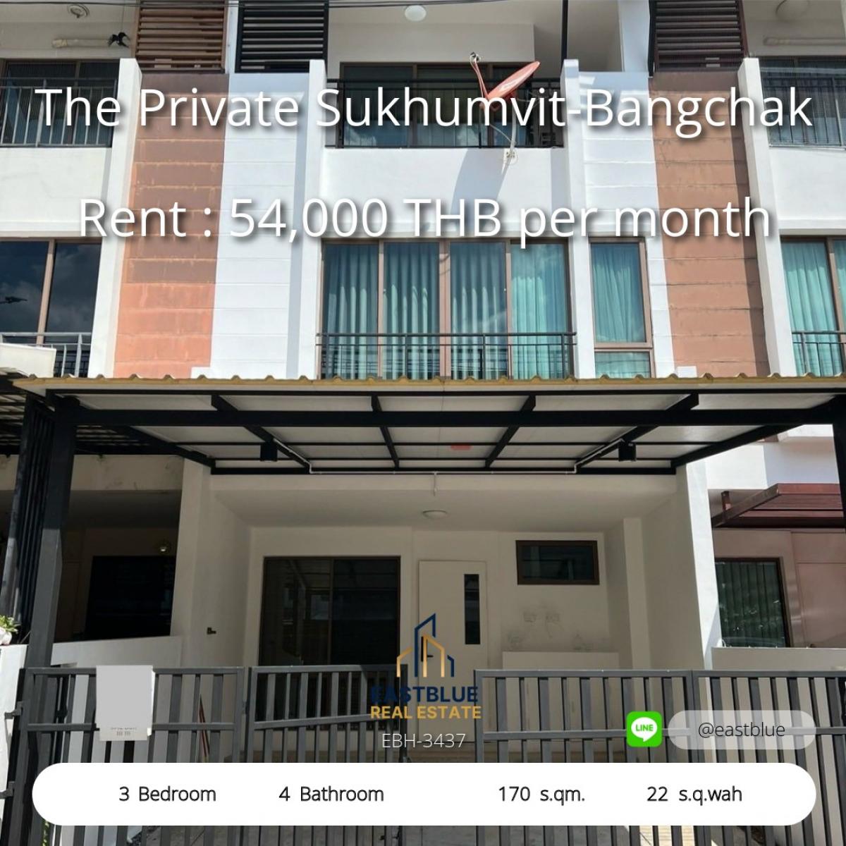 For RentTownhomeOnnut, Udomsuk : House with 3 bedrooms, 4 bathrooms, area 170 sq m., with land 22 sq m. 
Rent at an attractive price of 54,000 baht per month, in the best location!
