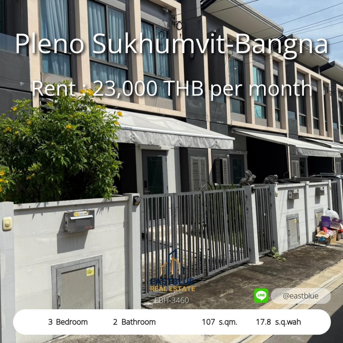 ให้เช่าทาวน์โฮมสมุทรปราการ สำโรง : ขายทาวน์โฮม 3 ห้องนอน 2 ห้องน้ำ ใกล้สุขุมวิท-บางนา 
พื้นที่บ้าน 107 ตรม ที่ดิน 17.8 ตร.วา เช่าเพียง 23,000 บาท/เดือน