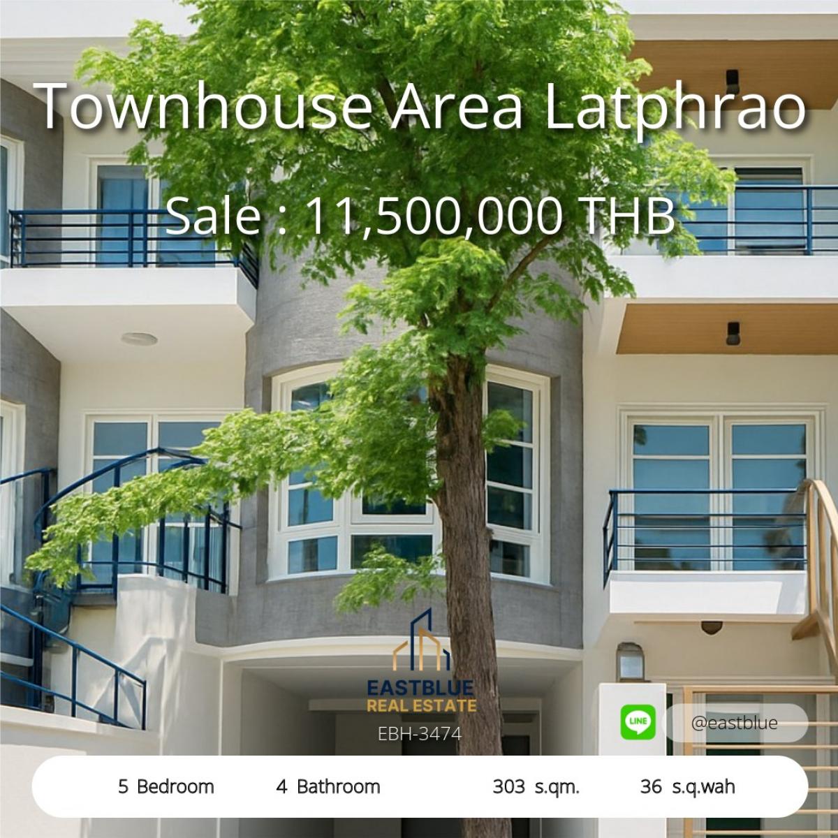 For SaleTownhomeLadprao, Central Ladprao : Twin house with 5 bedrooms in the heart of Lat Phrao. 
Width area 303 sq m. Great price 11.5 million.