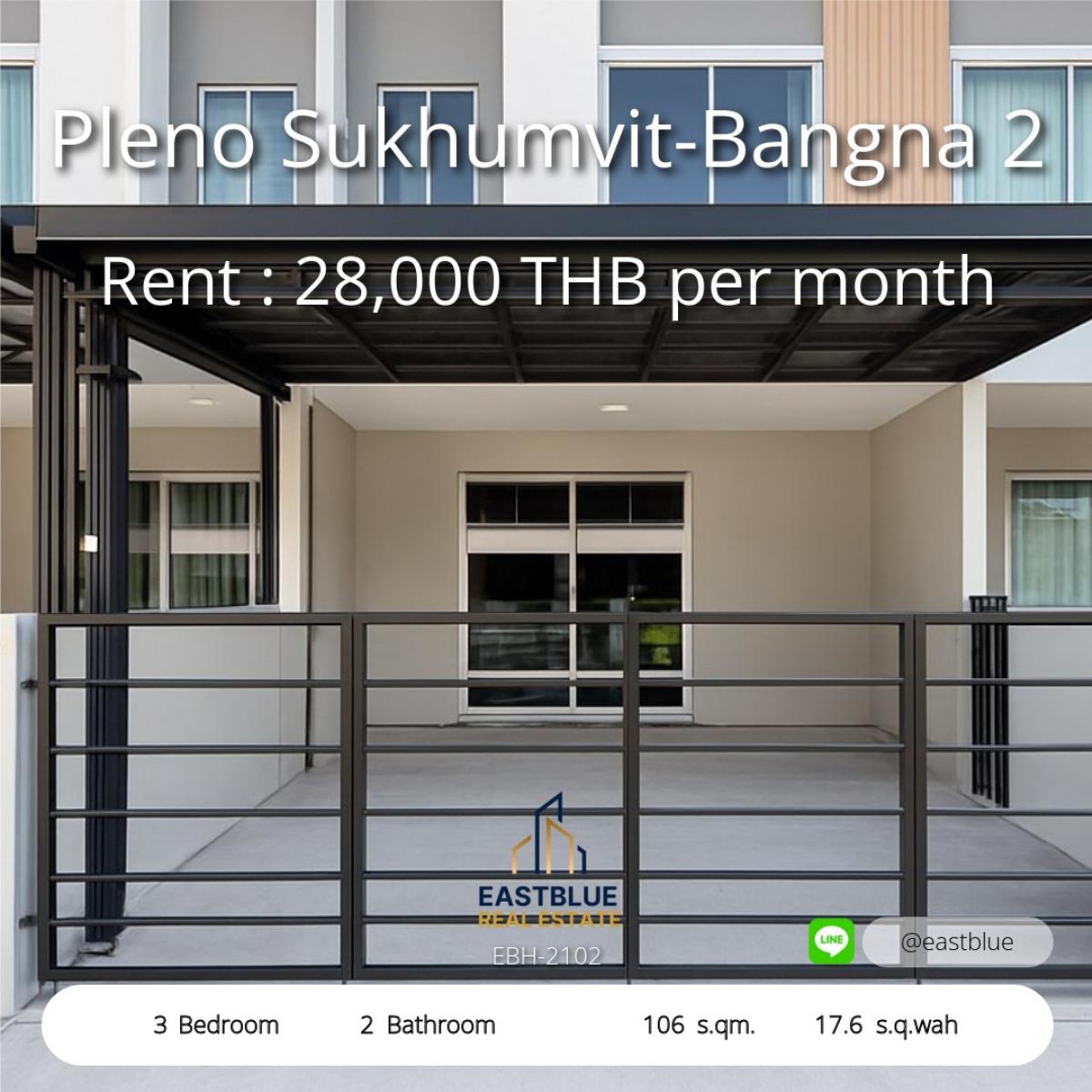 For RentTownhomeBangna, Bearing, Lasalle : Townhome, 3 bedrooms, near Sukhumvit-Bangna. Usable area 106 sq m. For rent only 25,000 baht/month!