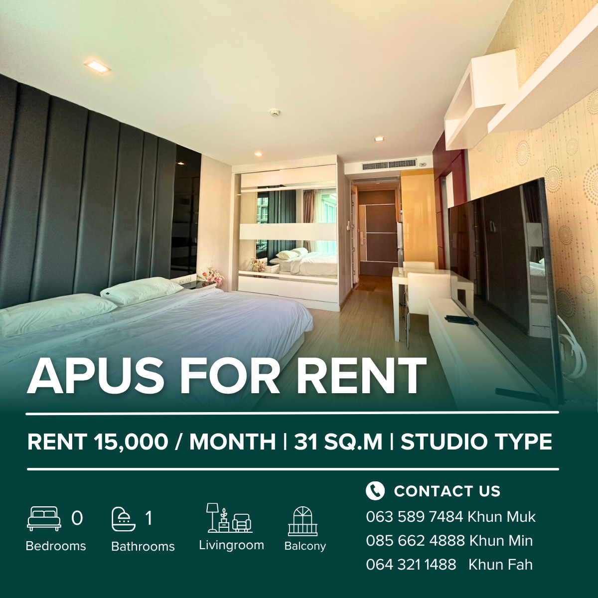 For RentCondoPattaya, Bangsaen, Chonburi : 🏙️ Apus Condo for Rent | Studio 31 SQ.M. | 4 Floor | 15,000 THB/Month | Prime Location near Big C & City Center