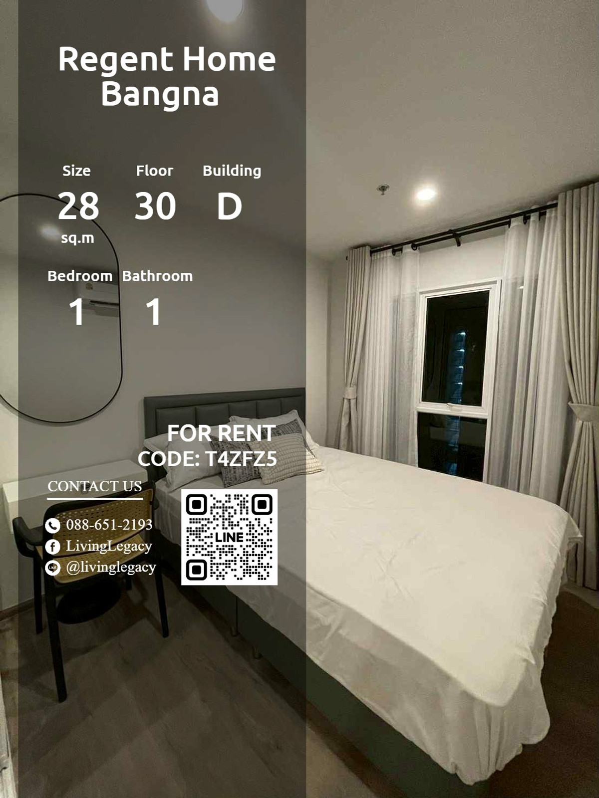 For RentCondoBangna, Bearing, Lasalle : T4ZFZ5 Condo for rent Regent Home Bangna 28 sq m, 30th floor, Building D line id : @livinglegacy