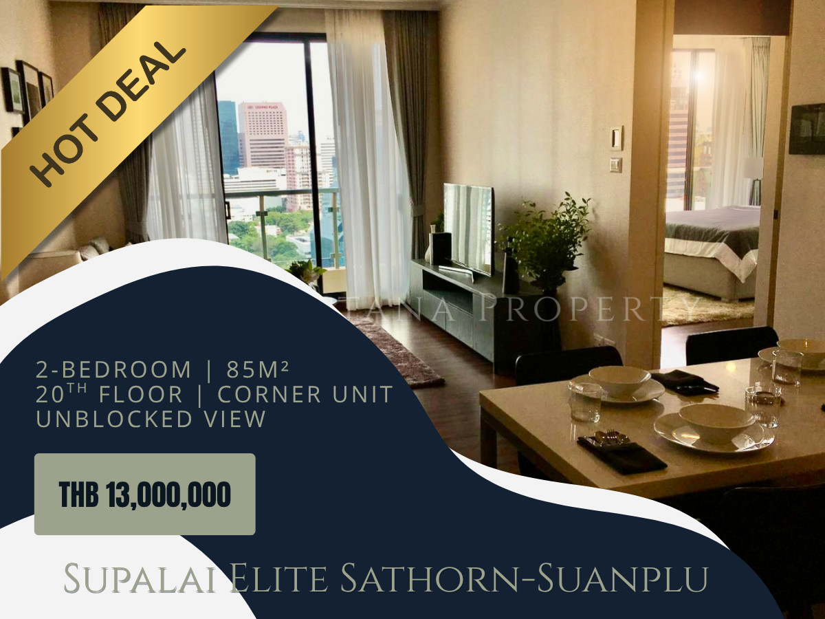 For SaleCondoSathorn, Narathiwat : Supalai Elite Sathorn–Suanplu | 20th-Floor Corner Unit (Foreign Quota) | 2 Bed 2 Bath 96.67 m² | Bright Sathorn View | THB 13 Million