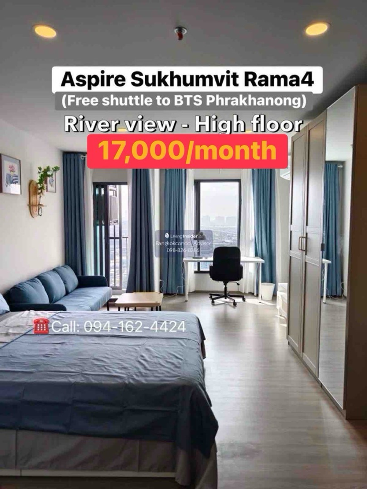 ให้เช่าคอนโดคลองเตย กล้วยน้ำไท : Aspire sukhumvit rama4 For rent 17,000/month Only,, River view High floor,, Ready to move in!!! ☎️Call/Line: 094-162-4424