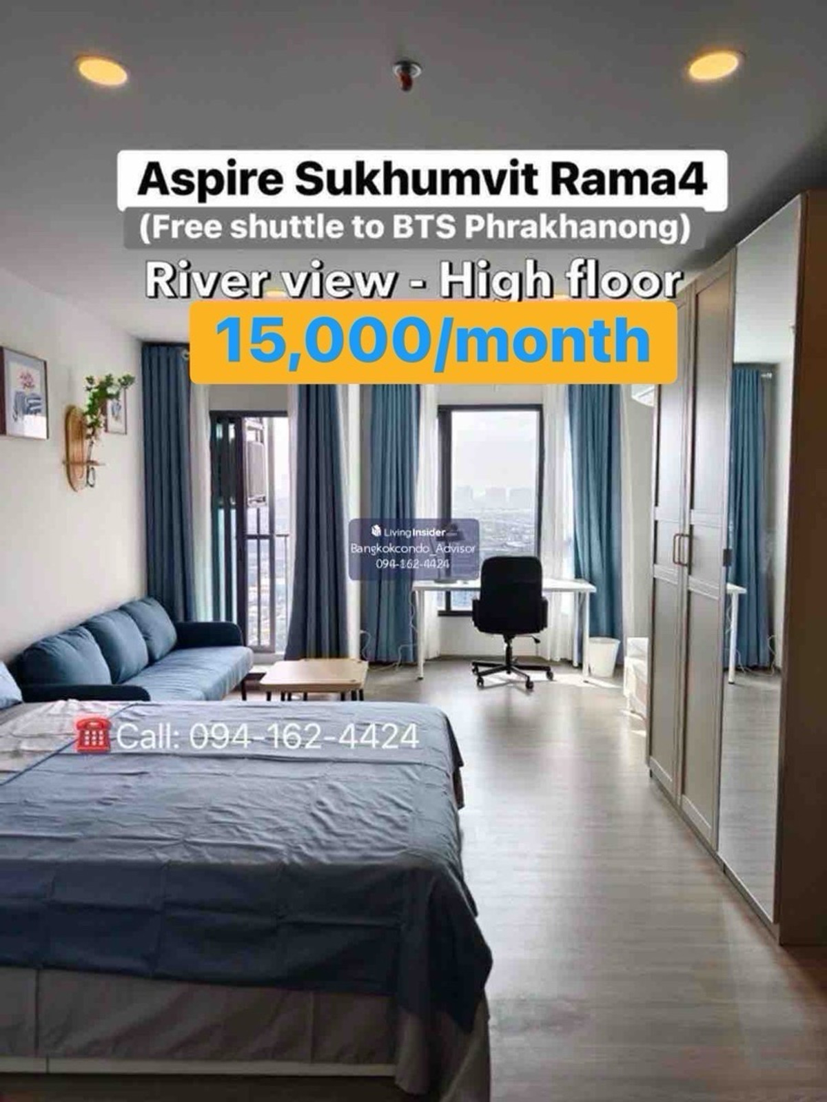 ให้เช่าคอนโดคลองเตย กล้วยน้ำไท : Aspire sukhumvit rama4 For rent 15,000/month Only,, River view High floor,, Ready to move in!!! ☎️Call/Line: 094-162-4424