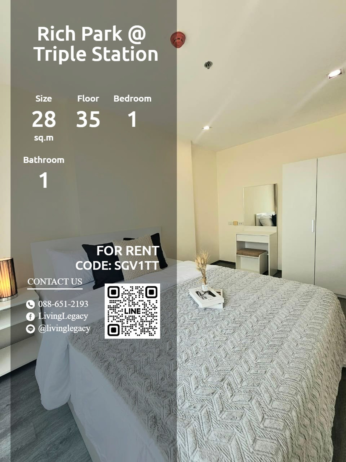 ให้เช่าคอนโดพัฒนาการ ศรีนครินทร์ : SGV1TT ให้เช่าคอนโด Rich Park @ Triple Station 28 ตร.ม. ชั้น 35 line id : @livinglegacy