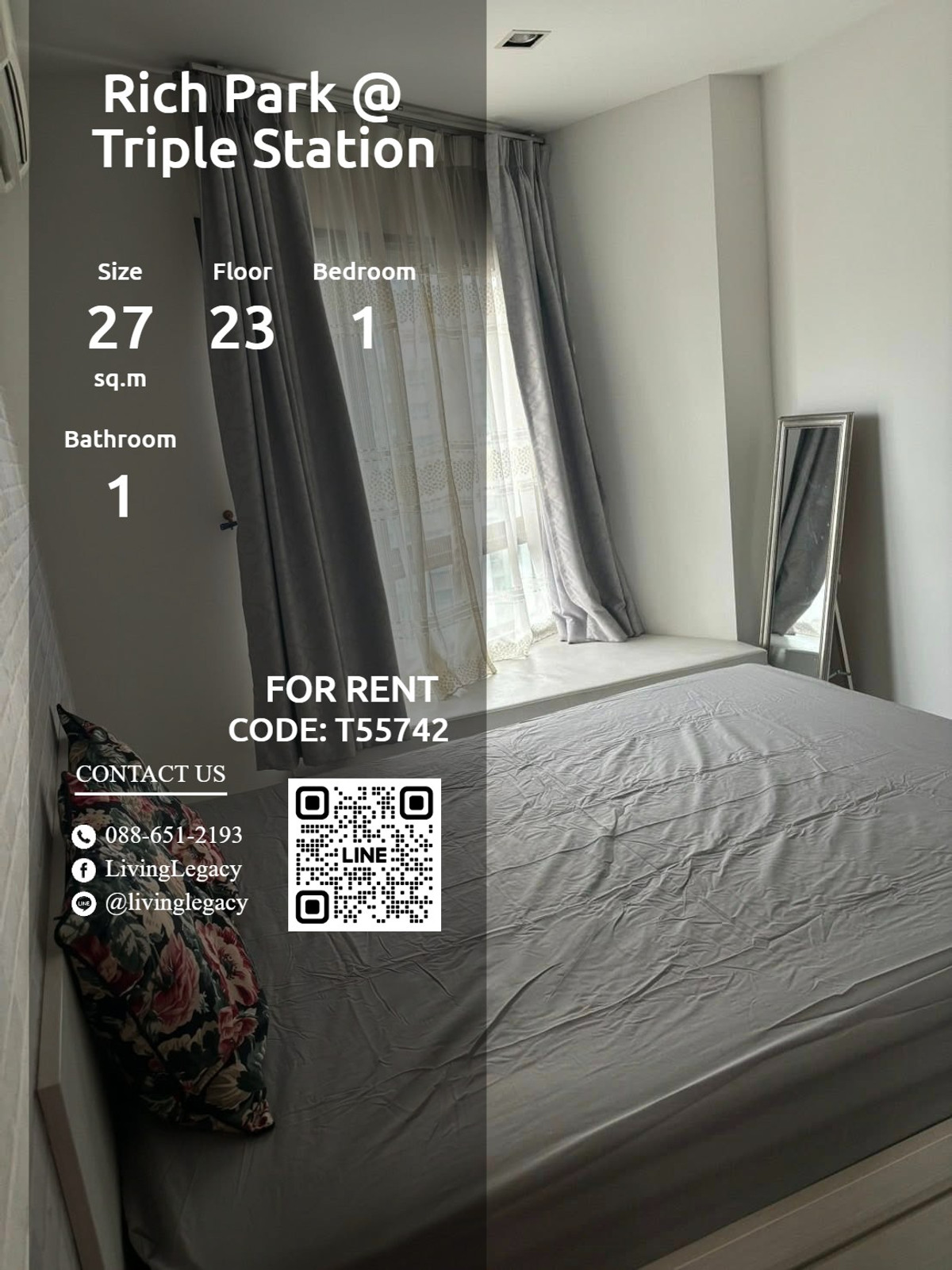 For RentCondoPattanakan, Srinakarin : T55742 Condo for rent Rich Park @ Triple Station 27 sq m, 23rd floor line id : @livinglegacy