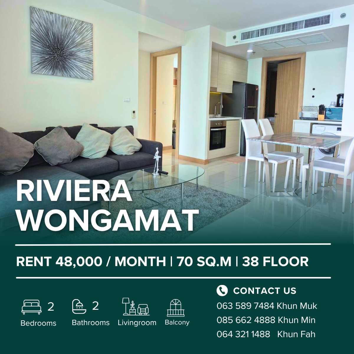 For RentCondoPattaya, Bangsaen, Chonburi : 🌊 The Riviera Wongamat – 2 Bedroom Sea View Condo For Rent 🌊 💰 48,000 THB/Month | 70 SQ.M. | 38th Floor | Tower B