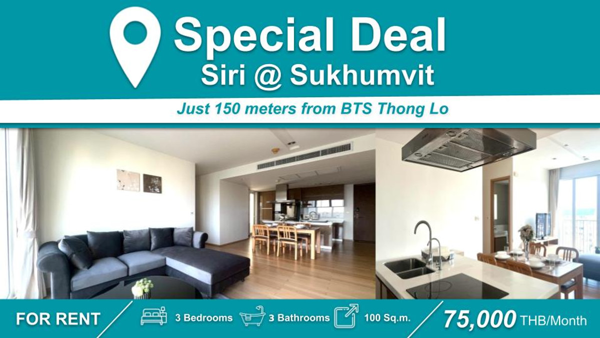 For RentCondoSukhumvit, Asoke, Thonglor : (FOR RENT) Siri at Sukhumvit 3-BR Fully Furnished + Electrical Appliances.  Near🚆 BTS Thong Lo