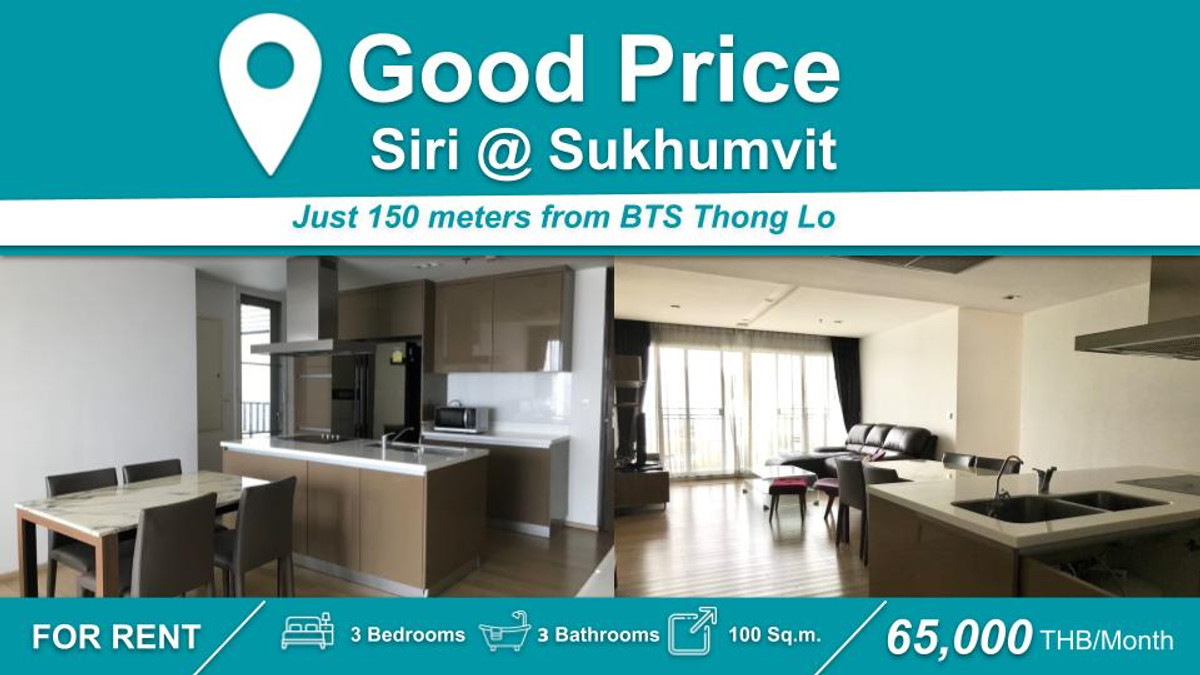 For RentCondoSukhumvit, Asoke, Thonglor : (FOR RENT) Siri at Sukhumvit 3-BR Fully Furnished + Electrical Appliances.  Near🚆 BTS Thong Lo