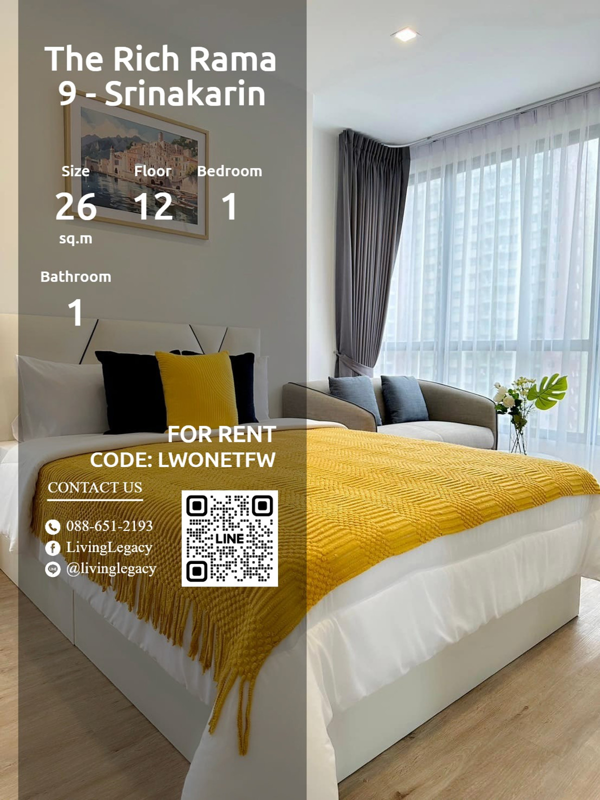 ให้เช่าคอนโดพัฒนาการ ศรีนครินทร์ : LWONETFW ให้เช่าคอนโด The Rich Rama 9 - Srinakarin 26 ตร.ม. ชั้น 12 line id : @livinglegacy