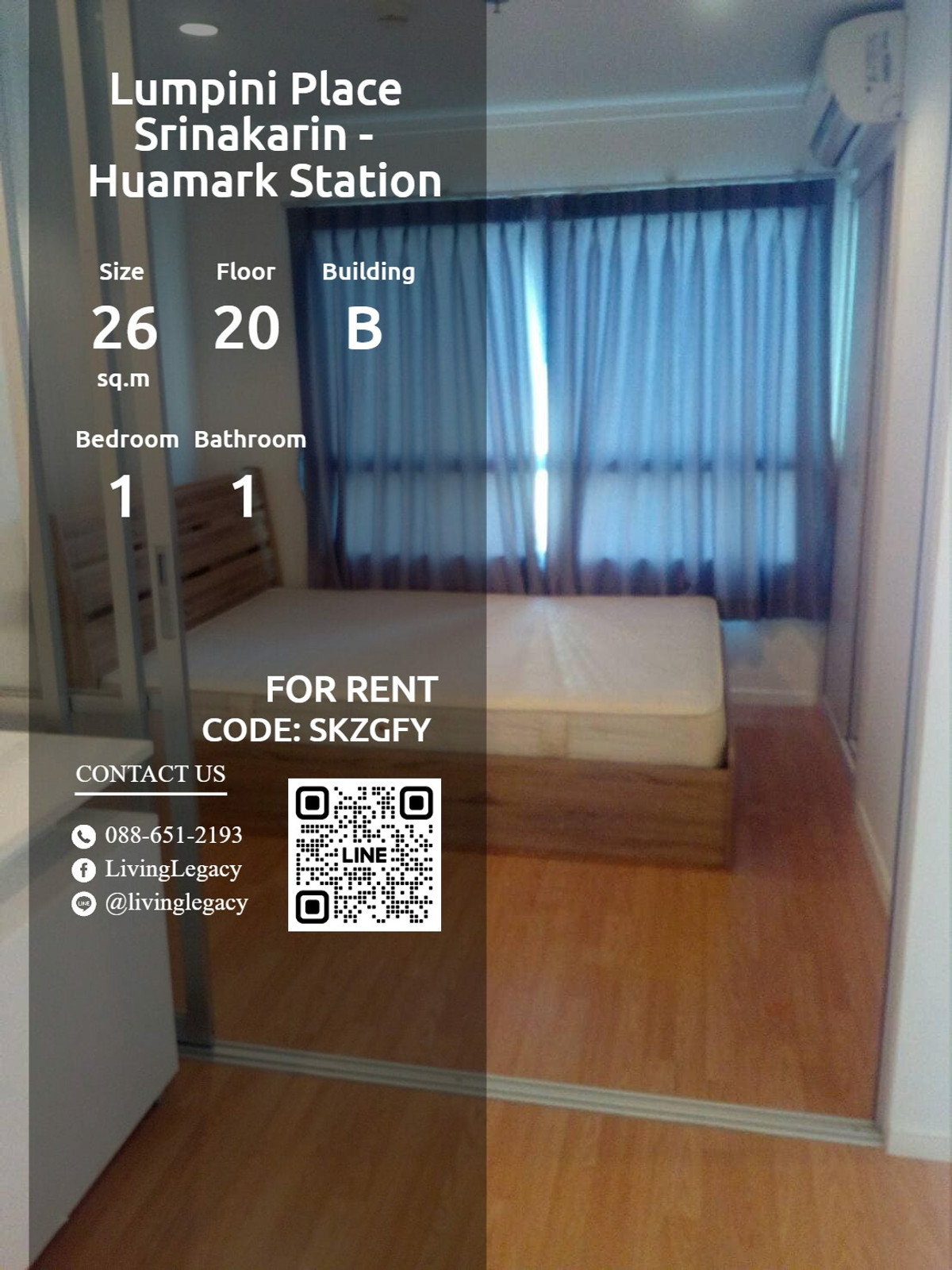 For RentCondoPattanakan, Srinakarin : SKZGFY Condo for rent Lumpini Place Srinakarin - Huamark Station 26 sq m, 20th floor, Building B line id : @livinglegacy