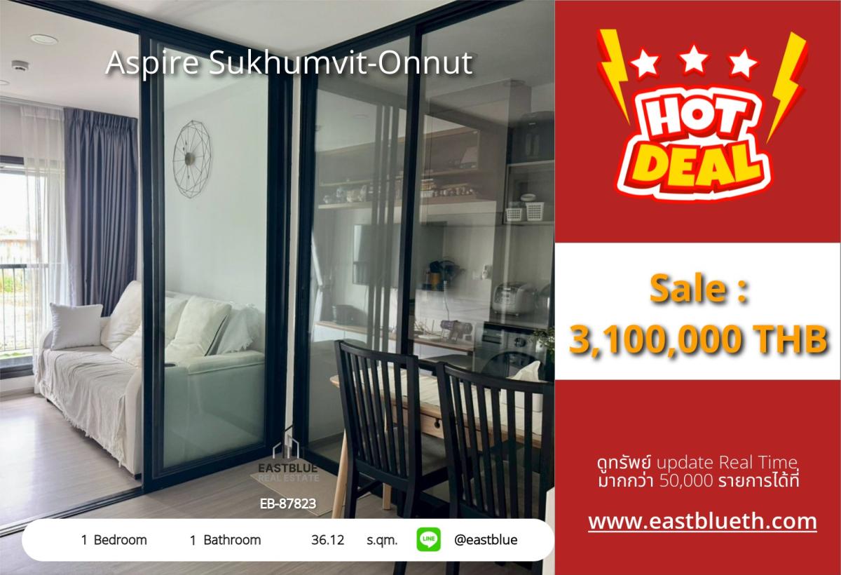 For SaleCondoPathum Thani,Rangsit, Thammasat : Ready-to-move-in condo Aspire Sukhumvit-On Nut 1 bedroom near On Nut BTS for only 3.1 million!