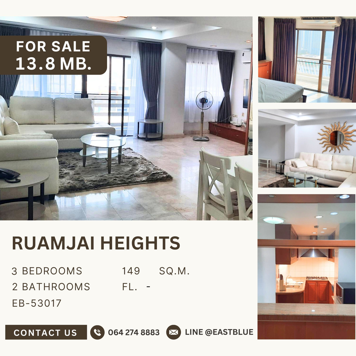 ขายคอนโดสุขุมวิท อโศก ทองหล่อ : 🔥  ขาย Ruamjai heights, 3 ห้องนอน 149 ตร.ม. ชั้นสูง