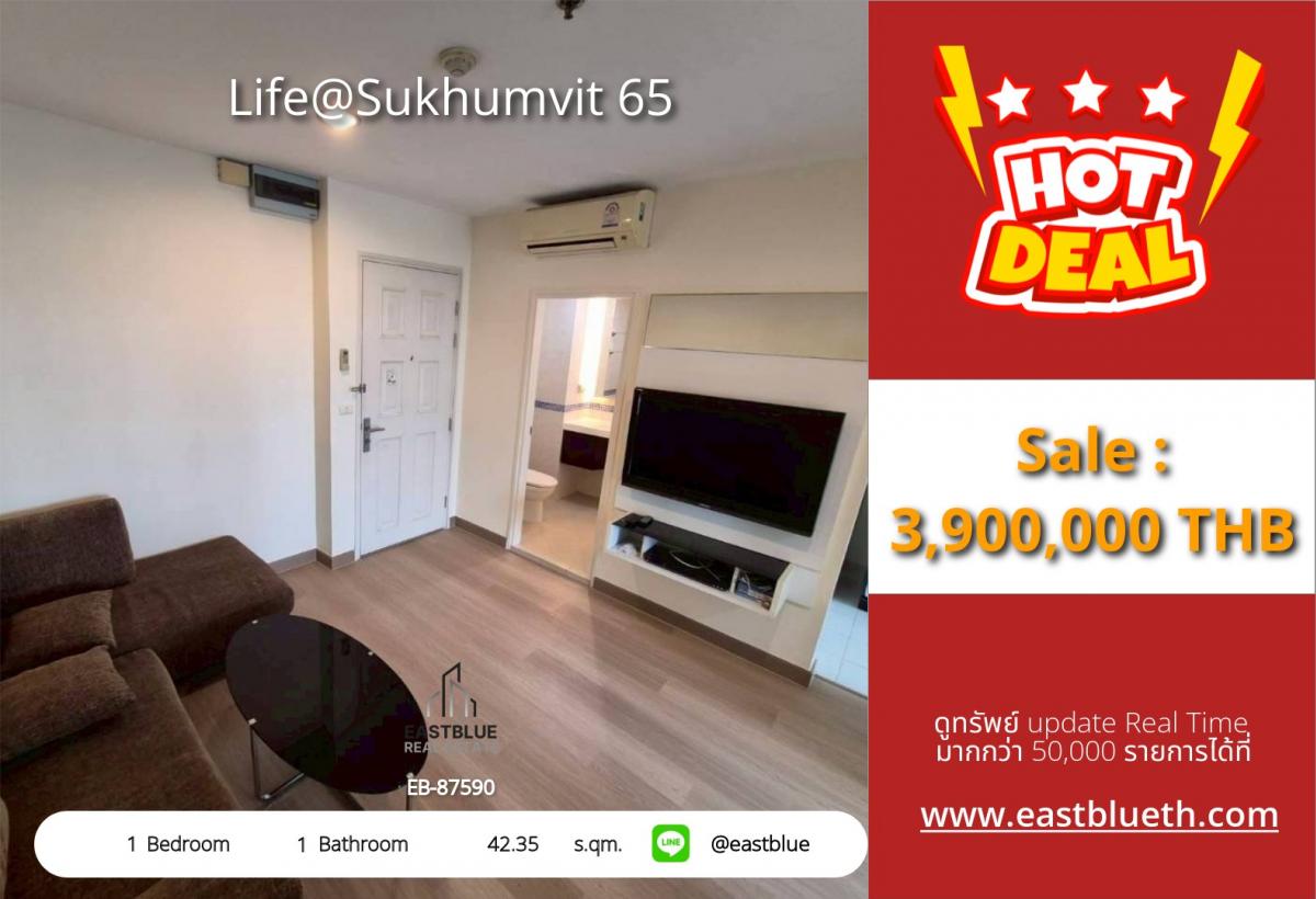 For SaleCondoOnnut, Udomsuk : ราคาจริงรวมค่าใช้จ่ายแล้วคอนโดพร้อมอยู่ Life@Sukhumvit 65 ห้องใหญ่ 42 ตร.ม. ใกล้ BTS เอกมัย 
ราคาโดนใจ 3.9 ล้าน เท่านั้น! เติมเต็มชีวิตใจกลางเมือง