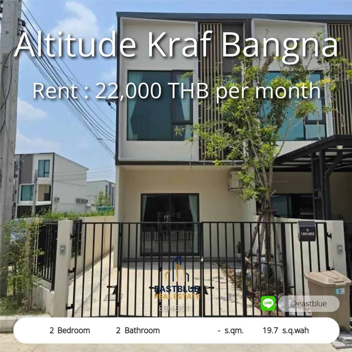 For RentTownhomeBangna, Bearing, Lasalle : เช่าทาวน์โฮม Altitude Kraf Bangna 2 ห้องนอน 22,000 บาท/เดือน 
พื้นที่ดิน 19.7 ตร.วา พร้อมอยู่ ใกล้แหล่งชุมชน