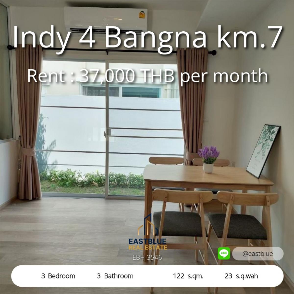 ให้เช่าทาวน์โฮมบางนา แบริ่ง ลาซาล : เช่าทาวน์โฮม Indy 4 บางนา 3 ห้องนอน 37,000 บาท/เดือน 
ชีวิตสบายด้วยบ้านพื้นที่กว้าง 122 ตร.ม. ใกล้ทางด่วน