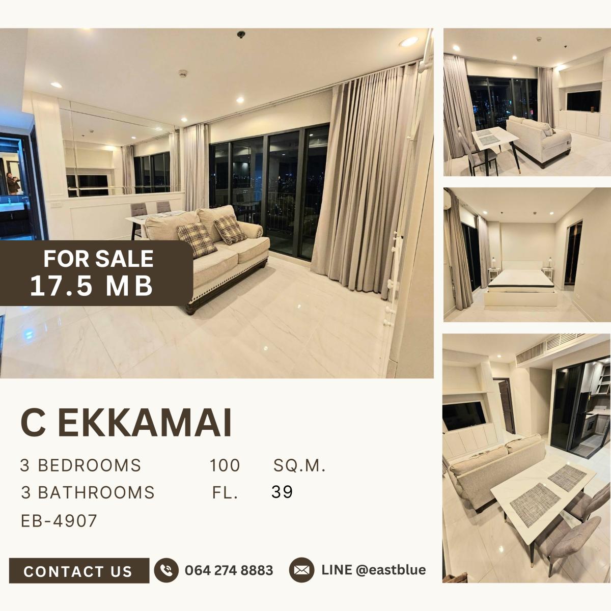 For SaleCondoSukhumvit, Asoke, Thonglor : C Ekkamai / high floor lear view at best price in Ekkamai / 3 Bed 100 sq.m.Tel 0937890899
