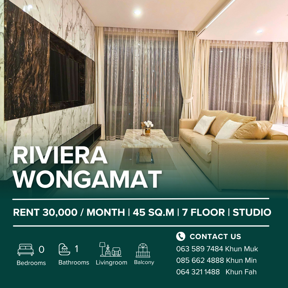 ให้เช่าคอนโดพัทยา บางแสน ชลบุรี สัตหีบ : 🔥 For Rent - The Riviera Wongamat – |30,000 THB/Month | 45 SQ.M | Ocean View Luxury Studio 🔥