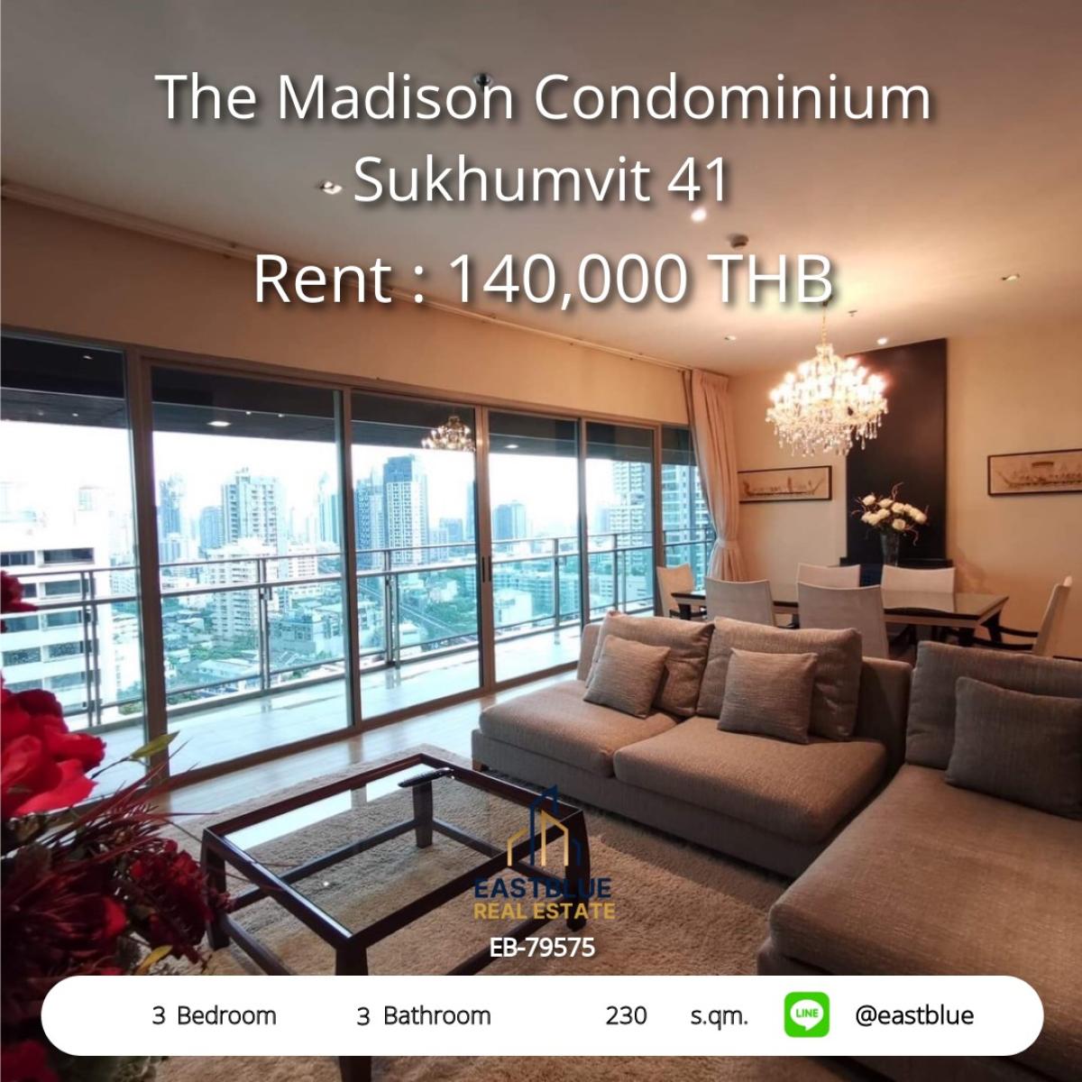 ให้เช่าคอนโดสุขุมวิท อโศก ทองหล่อ : หรูหรากว้างขวาง 3 ห้องนอน The Madison สุขุมวิท 41 
ใกล้ BTS พร้อมพงษ์ ราคาเช่า 140,000 บาท/เดือน!