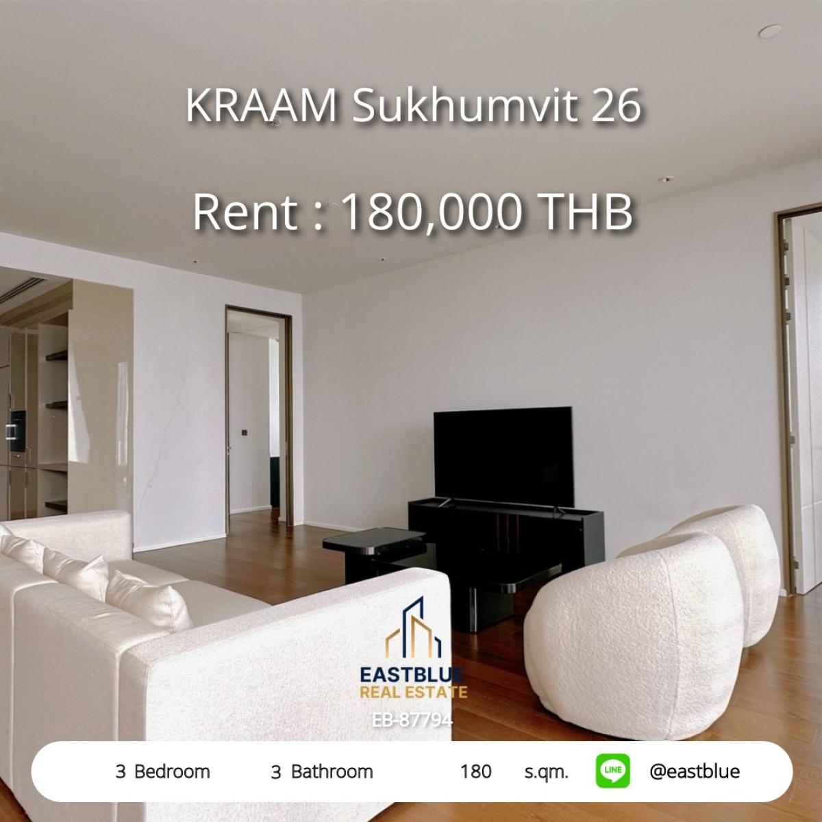 ให้เช่าคอนโดสุขุมวิท อโศก ทองหล่อ : Luxury 3-Bed Condo for Rent at KRAAM Sukhumvit 26 – Spacious 180 sqm 
Live Steps from BTS & Shopping – Only 180,000 THB/Month!