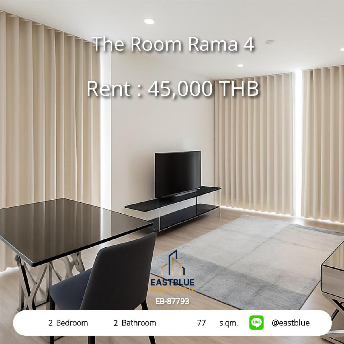 For RentCondoSiam Paragon ,Chulalongkorn,Samyan : เช่าคอนโด The Room Rama 4 2นอน 2น้ำ 77ตรม. ใจกลางเมือง ใกล้ BTS/MRT 
ราคาเพียง 45,000฿/เดือน พร้อมสิ่งอำนวยความสะดวกครบครัน!