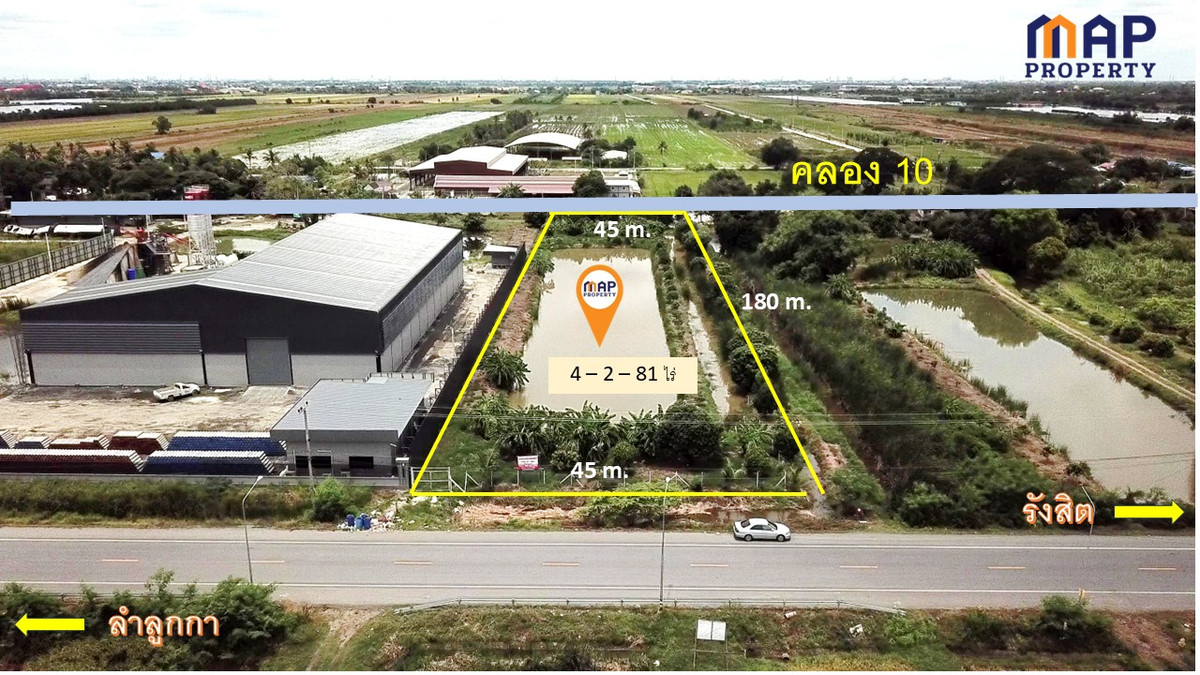 For SaleLandPathum Thani,Rangsit, Thammasat : Land for sale next to Khlong 10, 4-2-81 rai,next to the road