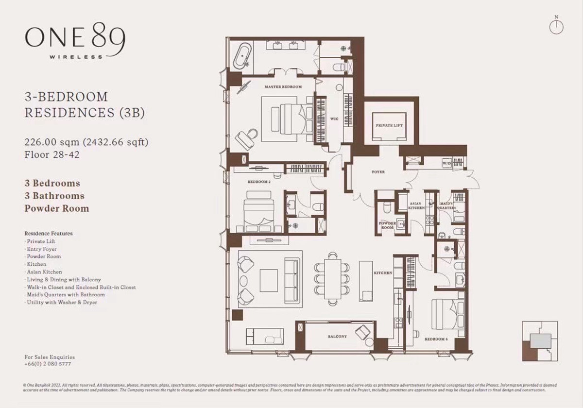 For SaleCondoWitthayu, Chidlom, Langsuan, Ploenchit : ONE 89 Wireless For Sale Iconic 3Bed3Bath 226sqm 169.5 MB 🔥