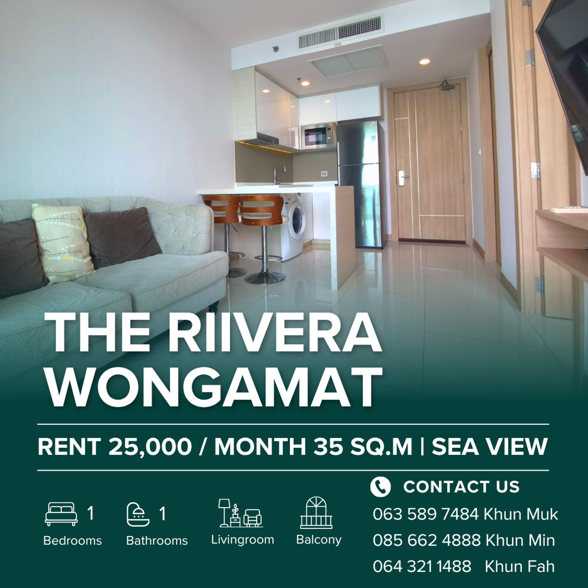 For RentCondoPattaya, Bangsaen, Chonburi : 🔥 For Rent – ​​The Riviera Wongamat | 25,000 THB/month | 35 SQ.M. | 39th Floor | sea ​​View 🌆