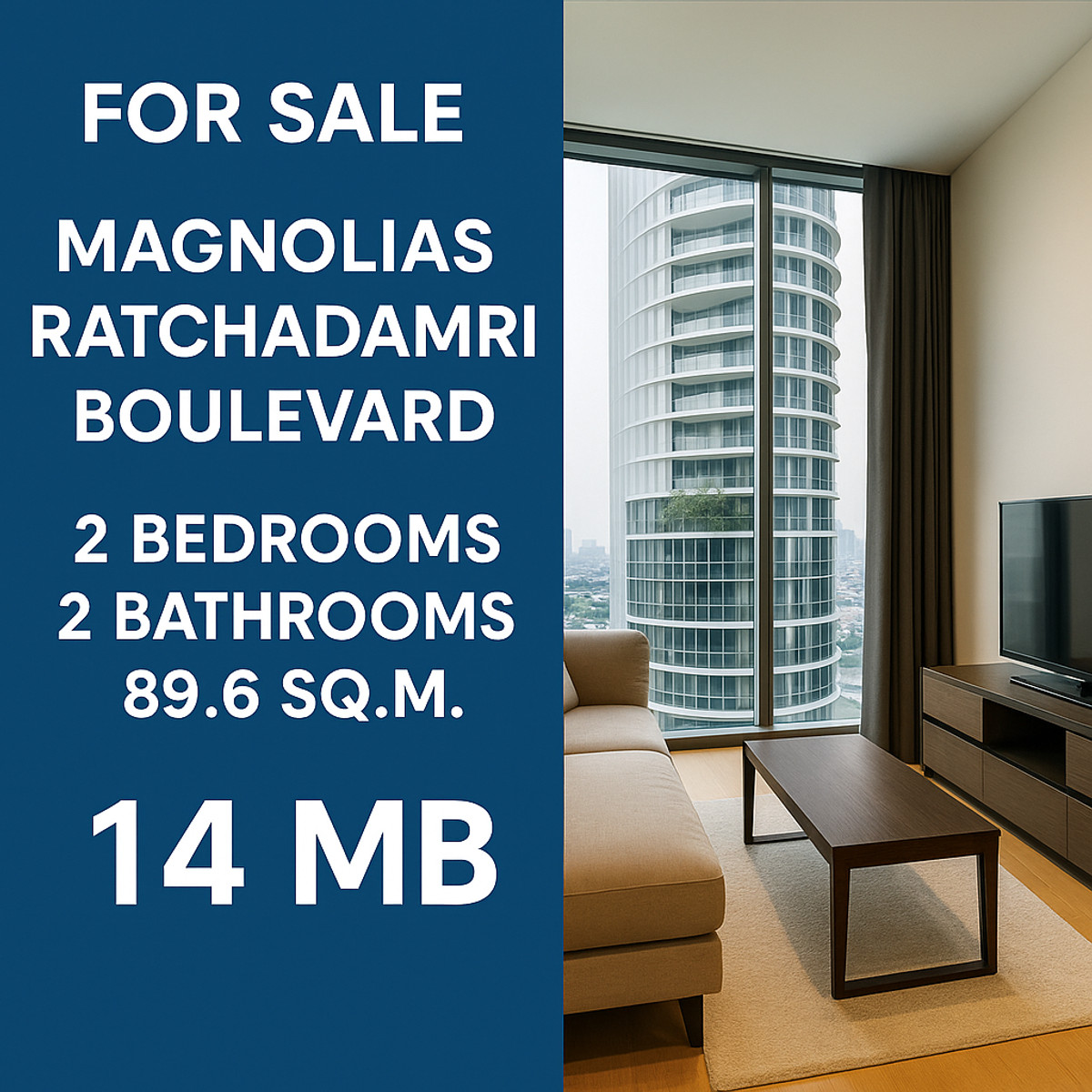 For SaleCondoWitthayu, Chidlom, Langsuan, Ploenchit : Condo for sale: Magnolias Ratchadamri Boulevard, near BTS Ratchadamri | 2 bedrooms, 89.6 sq m. | Price 14 million baht. You can make an appointment to see the actual room. Call now:095-889-4978