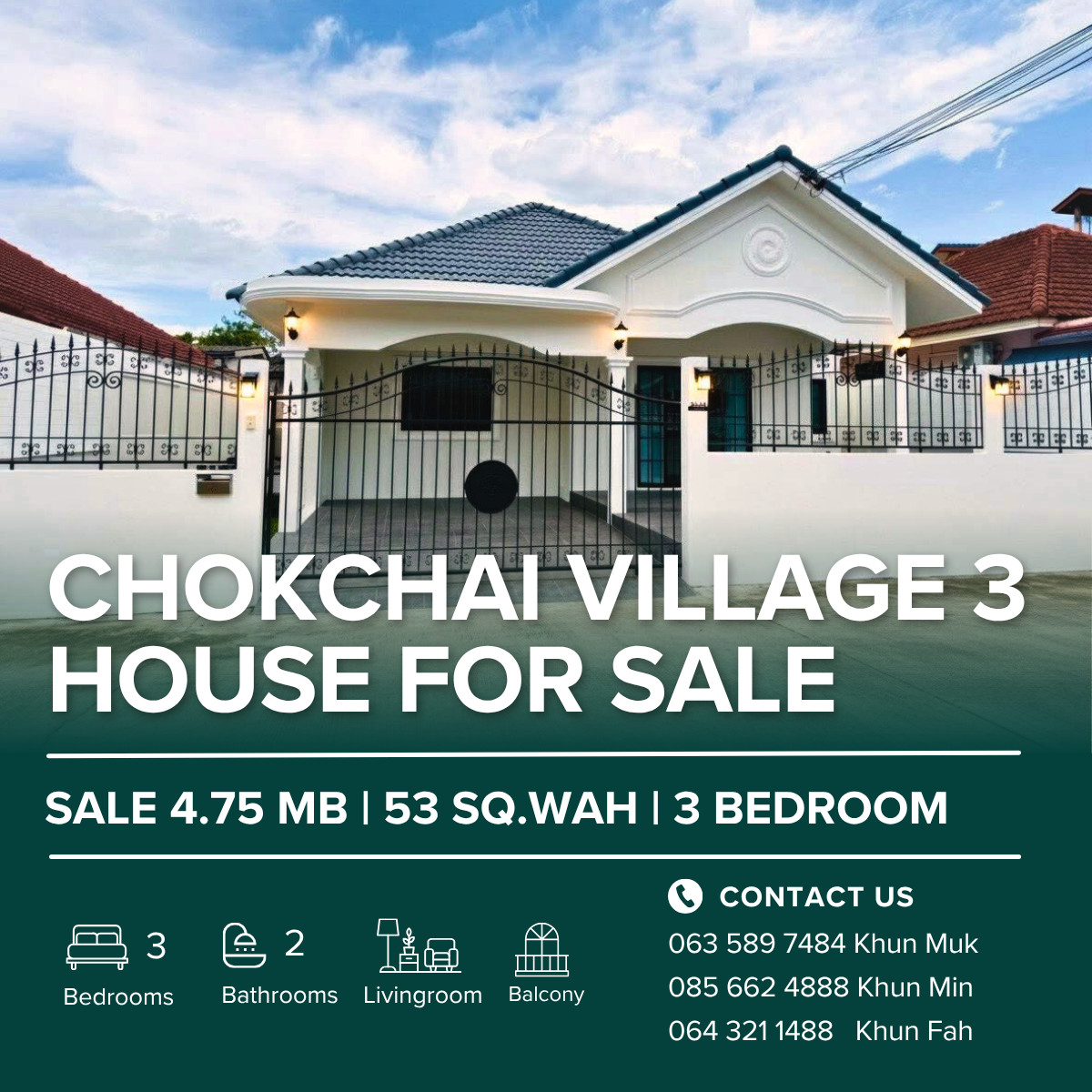 For SaleHousePattaya, Bangsaen, Chonburi : 🔥 English Cottage style detached house, ready to move in | Chokchai Village 3 Project | 3 bedrooms, 2 bathrooms | 53 sq m | only 4.79 million baht 🔥
