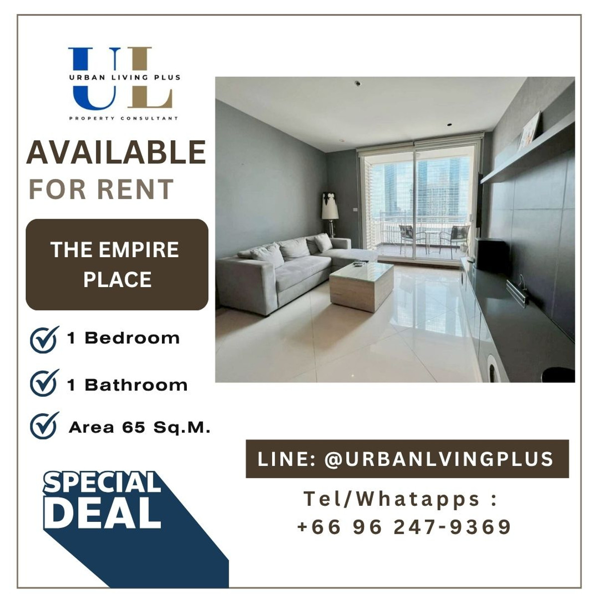 ให้เช่าคอนโดสาทร นราธิวาส : ( UL2511142 ) Tel/Line 096-2479369 , ให้เช่า ดิ เอ็มไพร์ เพลส สาทร, 1 ห้องนอน 1 ห้องน้ำ 65 ตร.ม. ชั้นสูง พร้อมอยู่ ห้องหายาก✨